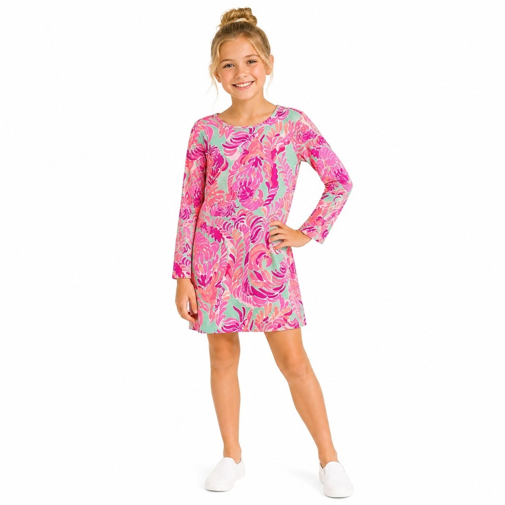 Lilly Pulitzer Dress Girls L 8-10 Pink Floral 3/4 Sleeve Cotton‎ T-Shirt Dress